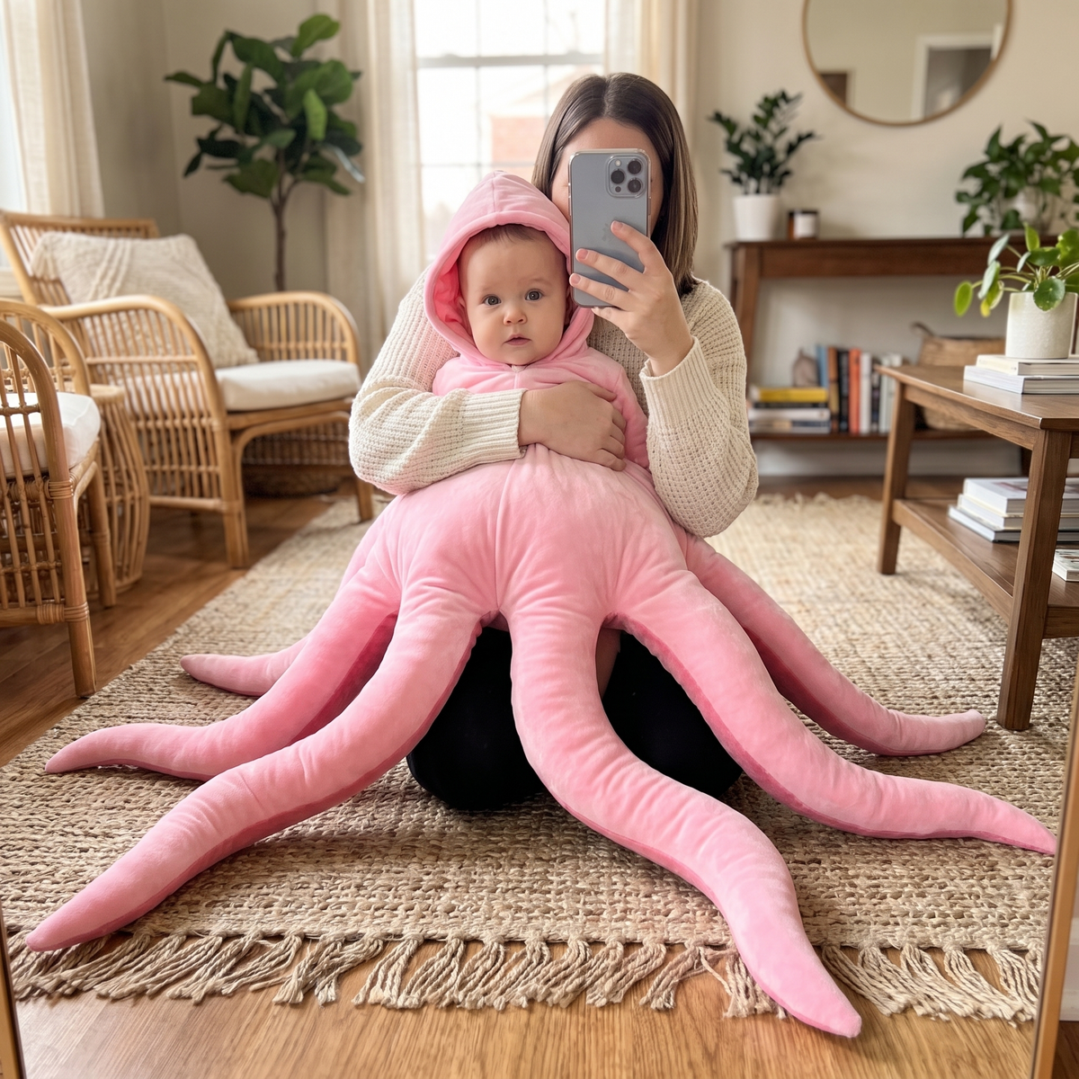 Mom taking a mirror selfie with her baby in the OctoPal costume