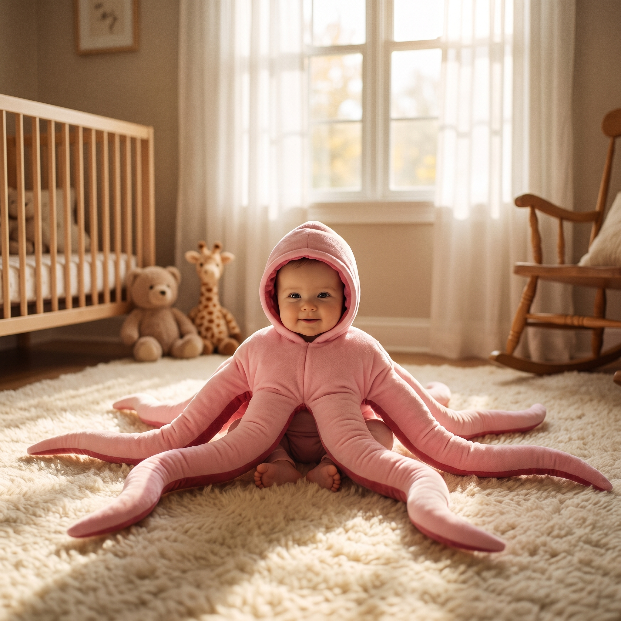 Baby in the pink OctoPal octopus costume in a nursery